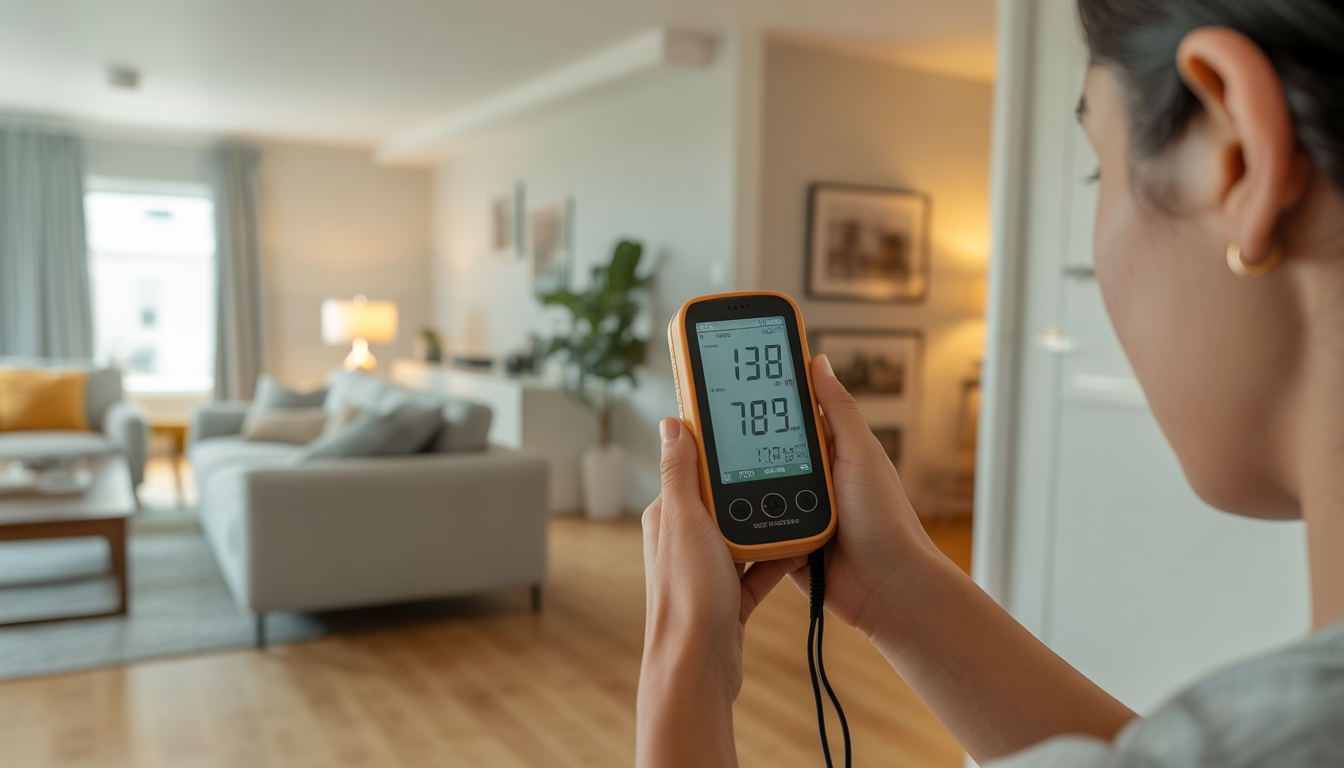 person using humidity meter in living room
